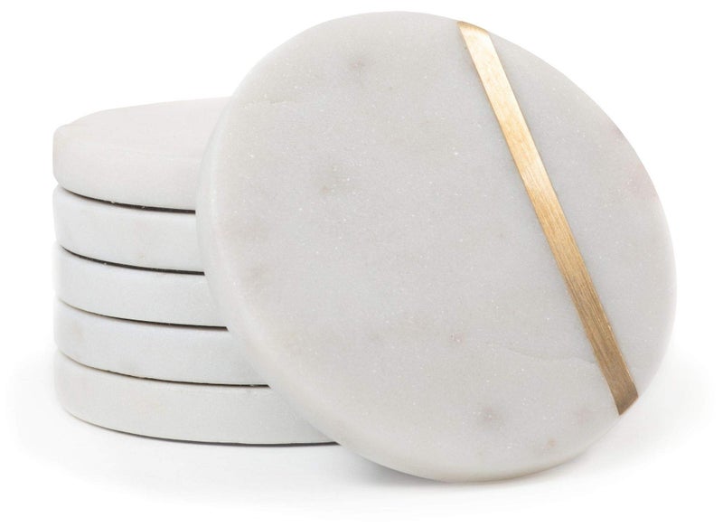 Cork & Mill Marble Coasters Set of 6 - Luxury Aesthetic Modern Decor for Coffee Table- White Marble with Gold Brass Inlay - Real Natural Semi Absorbent Stone Coasters - Image 1